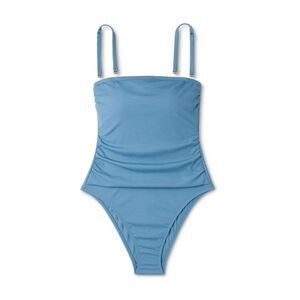 NWT Woman’s Shirred Ribbed Bandeau Cheeky One-Piece Swimsuit Blue Medium‎